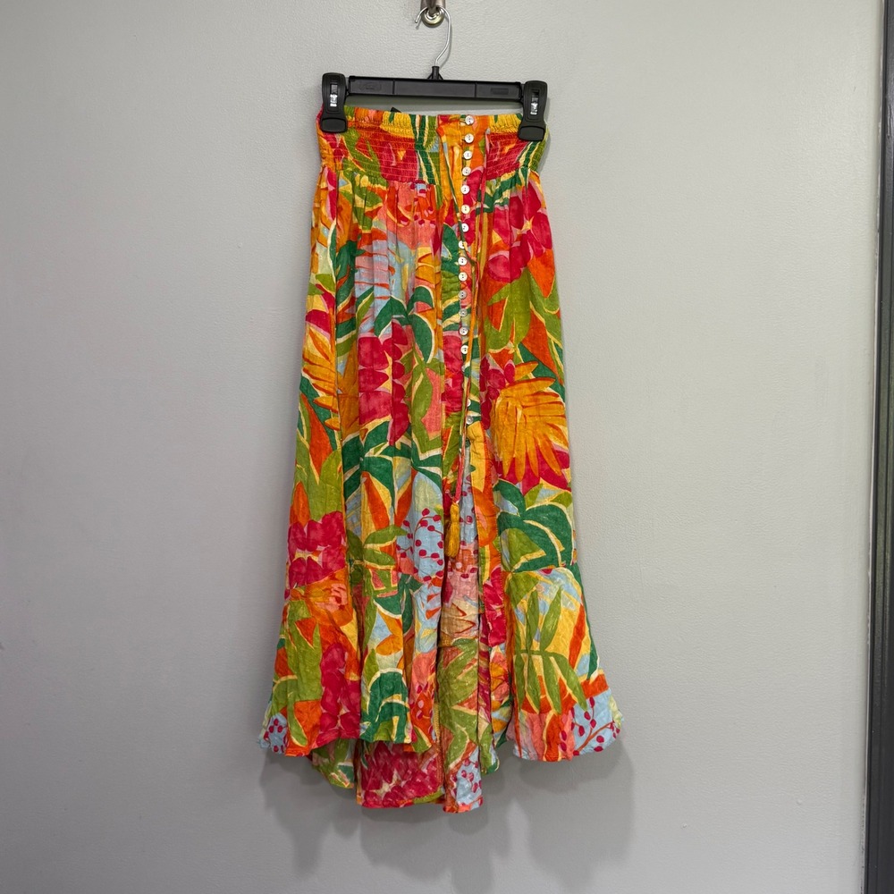 RACHEL Rachel Roy Tropical Floral Smocked Button Front Maxi Skirt Small Multi